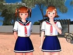 Hentai threesome with cute schoolgirls sharing dick