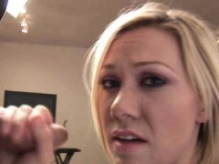 Trashy blonde girl Sammy wanking a massive cock and talking