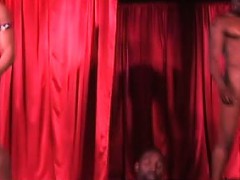 5 hot guys rehearse on stage for a live interracial sex show