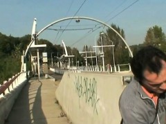 Brunette gets cock in public place