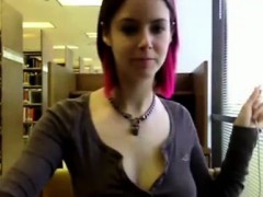 Hot college babe shows tits and pussy in library