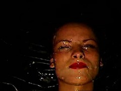 Extreme facial for German bukkake slut from group of dudes