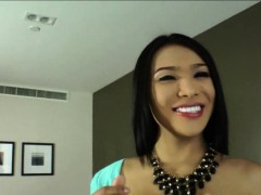 Asian TS beauty Fanta masturbates her hard dick to orgasm