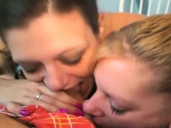 Sisters share sucking one cock together