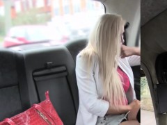 Slim big fake tits blonde bangs in a cab