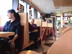 Dark haired chick flash tits in public restaurant