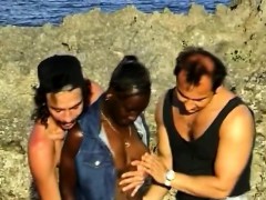 Busty African babe gets exploited by two horny white guys
