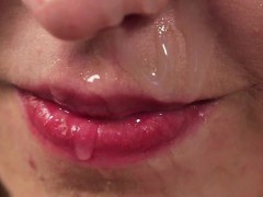 Peculiar hottie gets cumshot on her face eating all the sper