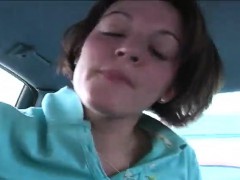 Cute hitchhiker sets her big boobs free and works her mouth on a dick