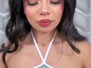 Busty curly brunette with big boobs fucks on couch