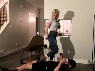 Light femdom and foot fetish play with brunette