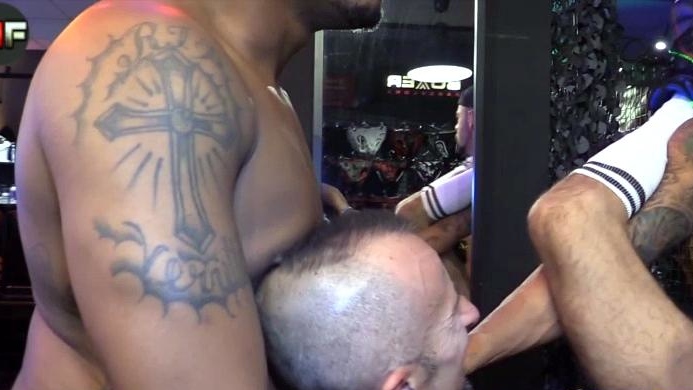 Black Hunks Dominate Hairy White Otter in Bareback Threesome