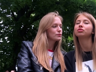 Two blonde femmes liking powerful erotic kissing