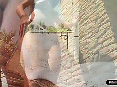 Exhibitionist sex doll loves fingering herself outdoor