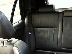 Curly haired blonde fucking in fake taxi in public