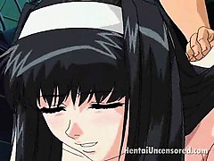 Long  haired brunette hentai cutie giving head job and