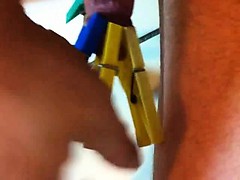 Plastic clothespins on cock