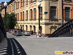 Chick wets herself on a pedestrian bridge