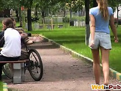 Public park self-pissing in sexy shorts