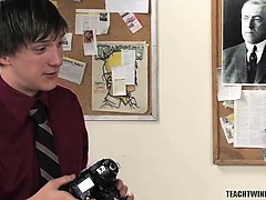 A geeky blond twink bonds with photography teacher and