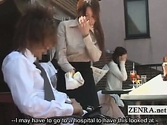 Subtitled Japanese public cafe erection wiping waitress