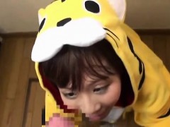 Subtitled POV Japanese blowjob cosplay in the kitchen