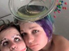 Nasty lesbo teenies drinking warm piss from a bowl