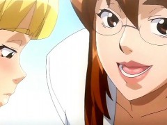 Busty anime lesbians rubbing and sharing dick