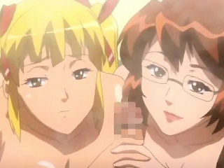 Busty anime lesbians rubbing and sharing dick