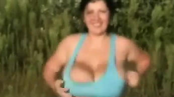 Bouncing And Flashing Big Breasts Outdoors