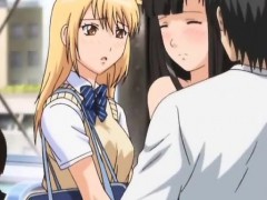 Big breasted anime sex slave gets nipples pinched in public