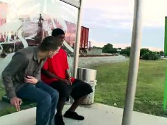 Black gay dude sucks cock for cash outdoors