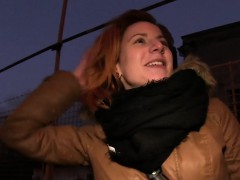 Euro redhead flashing breasts in public