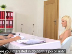 FemaleAgent Busty slides her dildo deep inside sexy blonde