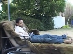 Horny ebony jerking his huge black shaft outdoor