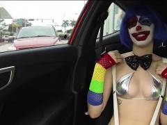 Clown babe Mikayla hitch hikes and she gets pounded on grass