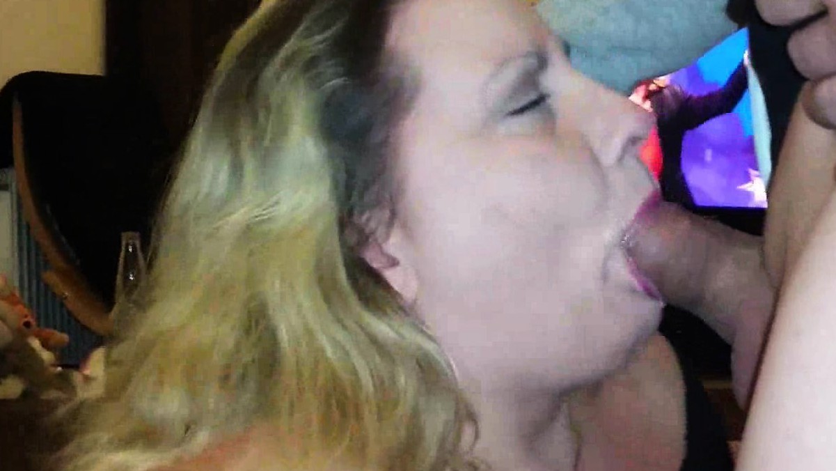 Blonde BBW cougar sucking cock and swallowing