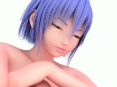 Blue haired hentai girl shows assets in tight body suit