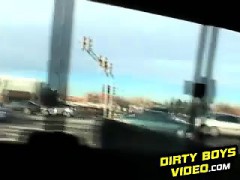 Two gay guys stroking their big dicks in a tow truck