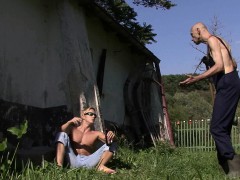 Oldman pleases son's gf outdoors