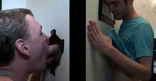 Blonde gay swallowing horny cock on gloryhole