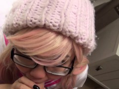 Asian schoolgirl with pink hair gives awesome blowjob
