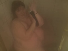 Busty Bbw Lexxxi Sucks Big Black Dildo In Shower