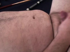 Hairy superchub jerking off while fingered