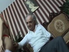 Grandpa gets his fat cock sucked by teen beauty