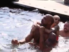 Blonde in bikini Emma fucks two dicks