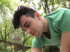 Massaging twink outdoors grinding before hj