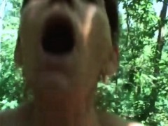 Granny gums cock outdoors in pov