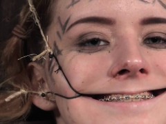 Submissive teen mouthgaped in a barrel