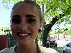 Friendly stunning blonde bangs outdoor pov